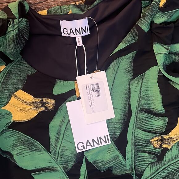 New Ganni Ruched Floral-Print Stretch-Jersey Green Mini Dress -  Sz 4 - Picture 9 of 9